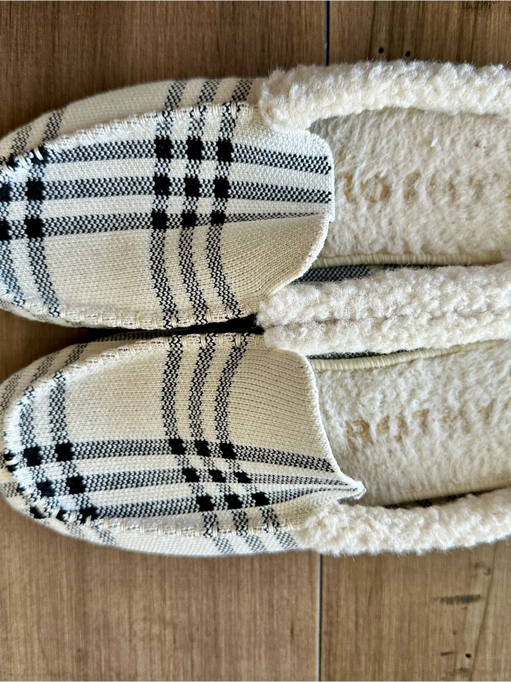 Rothy's Cream and Black Plaid Slip-On Slippers